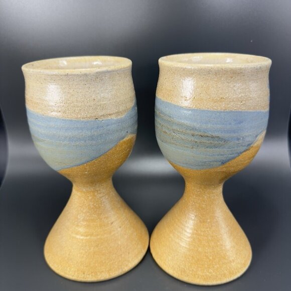 Vintage Large Footed Goblets Cups Set 2 Brown Stoneware Pottery Artist Signed - Picture 11 of 14
